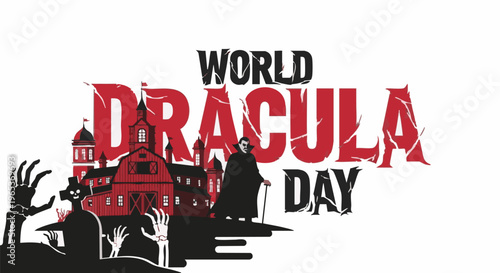 Dracula logo in bold red and black typography with spooky castle silhouette for Halloween marketing
