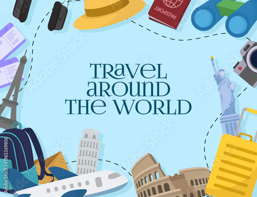 Travel Around the World banner with famous landmarks frame and vacation elements