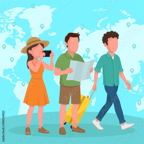 Group of young tourists traveling with map, camera and suitcase on world map background