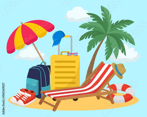 Summer beach vacation concept with palm tree, deck chair and suitcase on sandy island