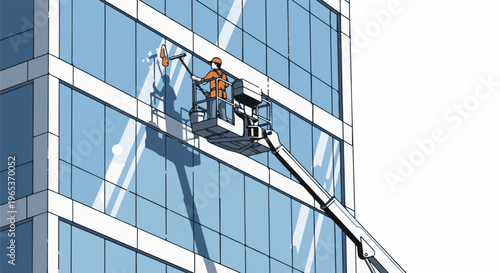 Window cleaner in aerial work platform cleans glass facade of modern office building