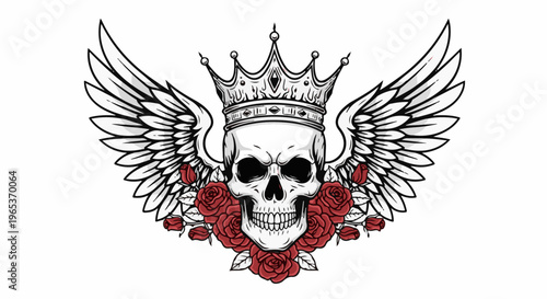 Winged skull with crown and roses