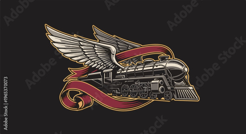 Winged steam locomotive with crimson ribbon on black background