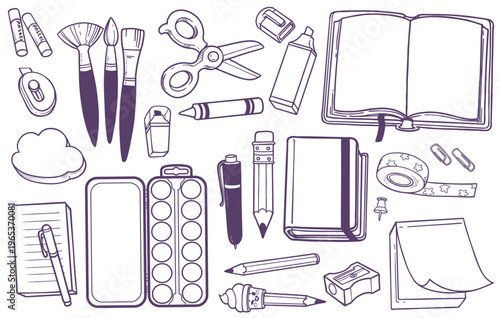 Big set of stationery supplies - notepads, erasers, scissors, pencils, pens, brushes and paints, pencil sharpener and note paper