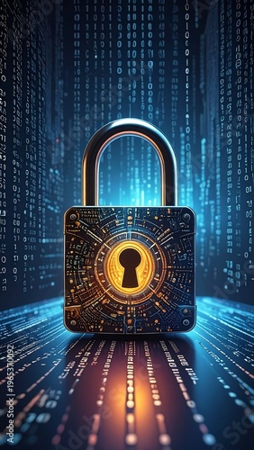 A digital padlock glows in the center against a binary code backdrop. The intricate lock design highlights data encryption