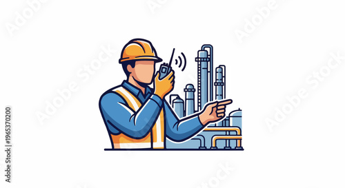 Worker in hard hat and vest communicates via radio at industrial plant