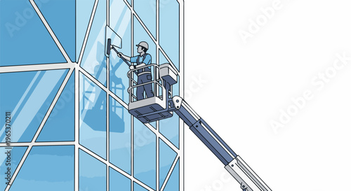 Worker in lift cleaning tall building's glass facade