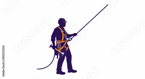 Worker in safety harness holds long pole, preparing for high-altitude task