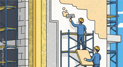 Workers on scaffolding apply insulation and plaster to building facade