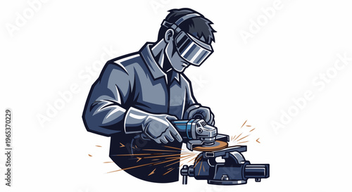Worker with grinder and vise