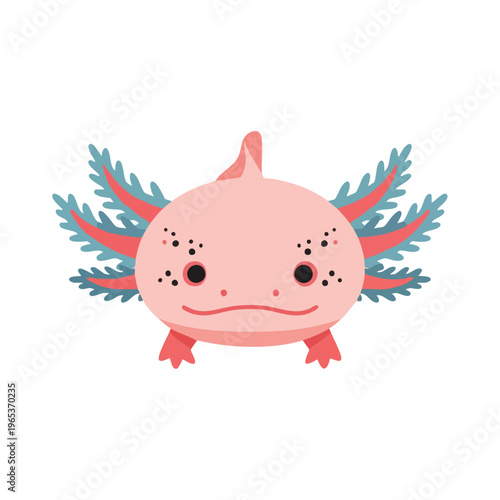 Cute pink axolotl vector illustration with big expressive eyes, blue gills, and friendly smile on white background