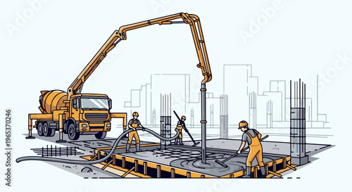 Workers pouring concrete on a construction site with a mixer truck