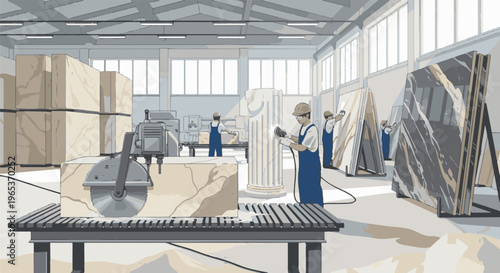 Workers process marble slabs and blocks in a large factory setting