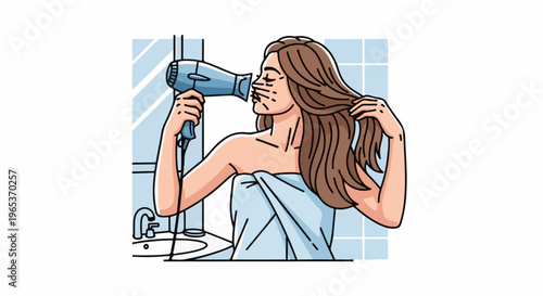 Woman drying her hair in bathroom with hairdryer