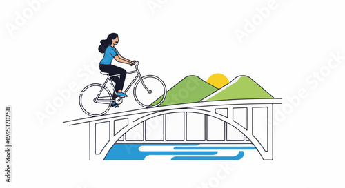 Woman cycles across bridge with mountains and sun in background