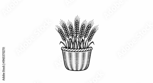 Woven basket filled with ripe wheat stalks, graphic illustration