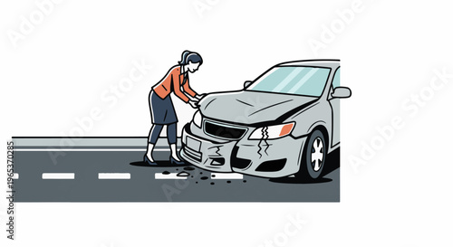 Woman examining damaged car after accident