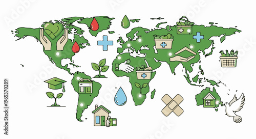 World map illustrations showing global healthcare, education, and humanitarian aid efforts