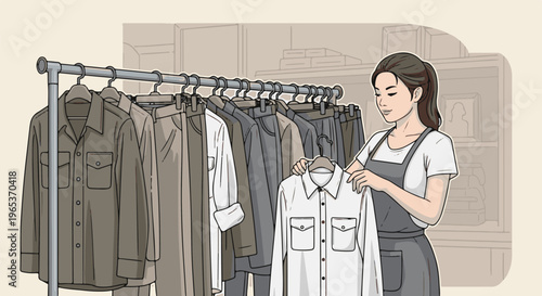 Woman in apron selecting white shirt from a rack of clothes