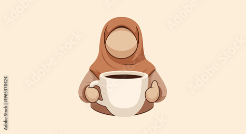 Woman in hijab holding a large white mug of dark coffee, simple illustration