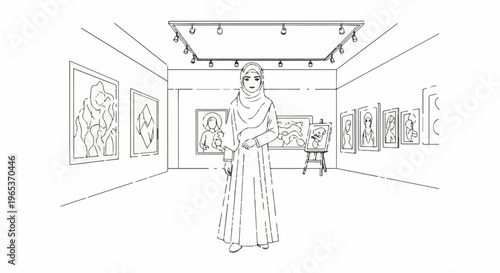 Woman in hijab stands in art gallery with paintings and easel