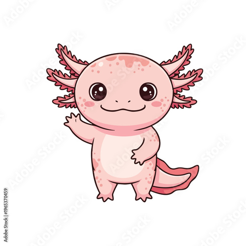 Cute pink axolotl vector character waving happily with big sparkling eyes and adorable smile in kawaii style