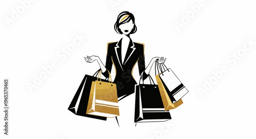 Woman in stylish suit carries multiple shopping bags in gold and black