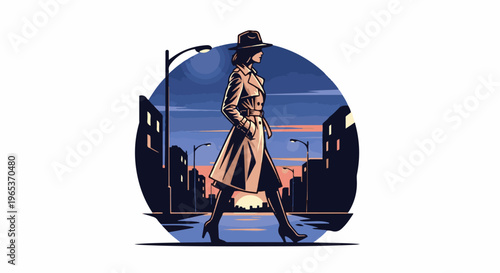 Woman in trench coat and hat walks down city street at sunset