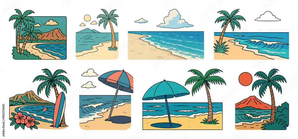 Obraz premium PNG Vintage beach illustration collection on transparent background