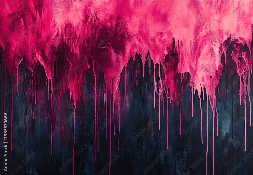 Fototapeta premium Abstract vertical composition with vibrant pink and red watercolor at the top transitioning into dark blue and black with long dripping paint effects