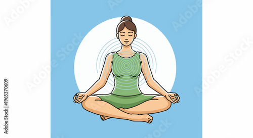 Woman meditating in lotus pose with radiating energy circles