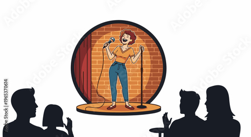 Woman on stage telling jokes, audience watching in silhouette