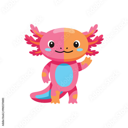 Cute cartoon axolotl vector character waving happily with big eyes and colorful pink orange body on white background