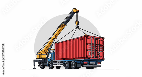 Yellow crane truck lifts red shipping container, isolated illustration