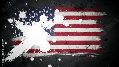 Highly dynamic, distressed american flag graphic animated with rough red, white, and blue brushstrokes, exploding paint splatters on dark textured background, raw and visceral patriotism