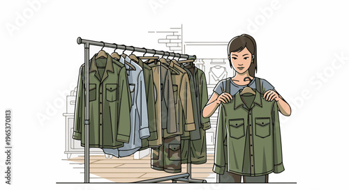 Woman selecting a green shirt from a rack of similar garments