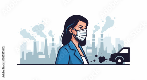 Woman wearing mask against smog from factories and car