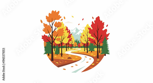 Winding path through vibrant autumn forest with snow-capped mountains