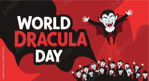 Cartoon Dracula character in red and black illustration with multiple smaller vampires for World Dracula Day celebration in spooky festive style