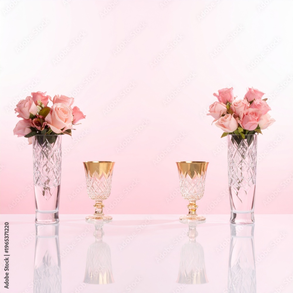 Obraz premium Elegant Pink Roses in Decorative Vases with Golden Rimmed Glasses on White Table