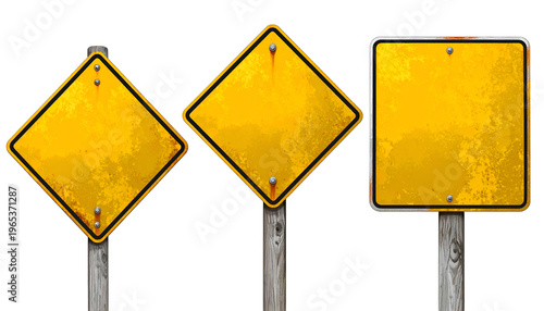 Three weathered, blank yellow road signs two diamond, one square, all on wooden posts