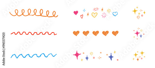 Star border sparks set, crayon bling falling stars textured hand drawn divider. Simple pencil festive shiny space elements, hearts, underline moon, festive lights 