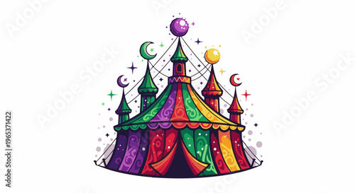Vibrant, colorful circus tent with ornate patterns, crescent moons, and starbursts