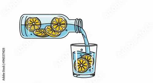 Water with lemon slices being poured from a bottle into a glass