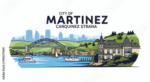 Waterfront city scene with bridge, buildings, yachts, and historic mansion