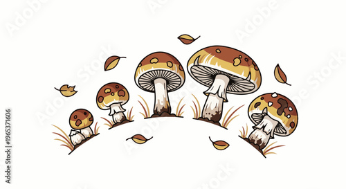 Whimsical illustration of multiple cartoon mushrooms and fallen leaves