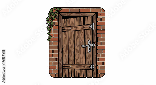 Weathered wooden door with ivy, set in a brick wall