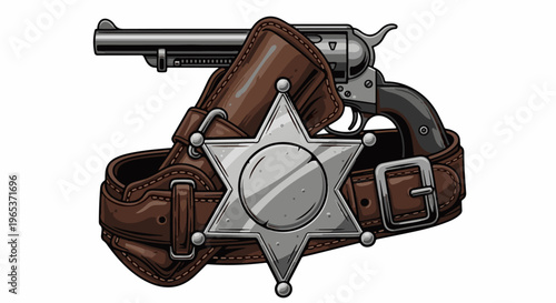 Western sheriff's badge, revolver, and holster on a leather belt
