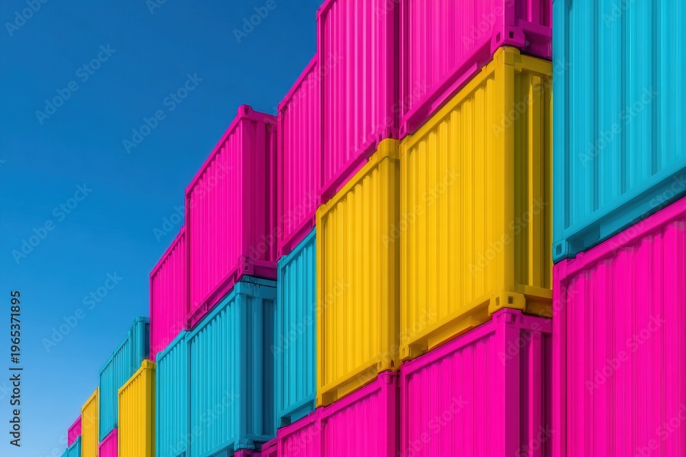 Fototapeta premium Colorful shipping containers stacked against a blue sky in daytime