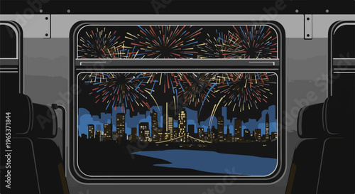 View from a train window at night, showing a city skyline with fireworks